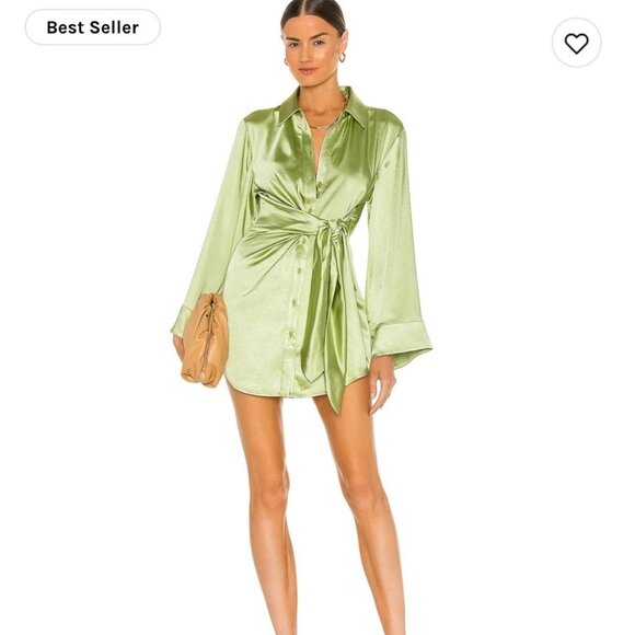 New Song of Style Marta Pistachio Green Mini Dress Wrap XS Revolve Satin - Picture 8 of 14
